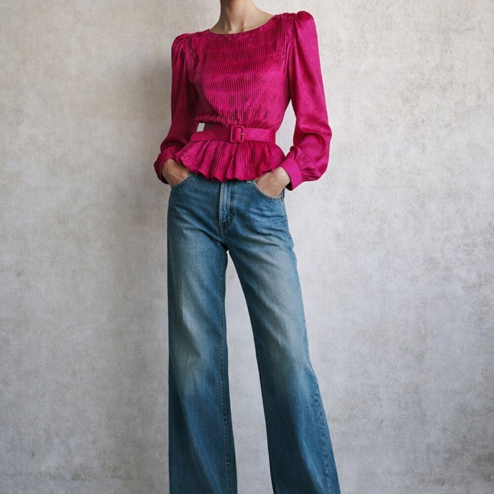 Vintage Argenti 100% Silk Satin Pleated Peplum Blouse Puff Sleeve Pink 12